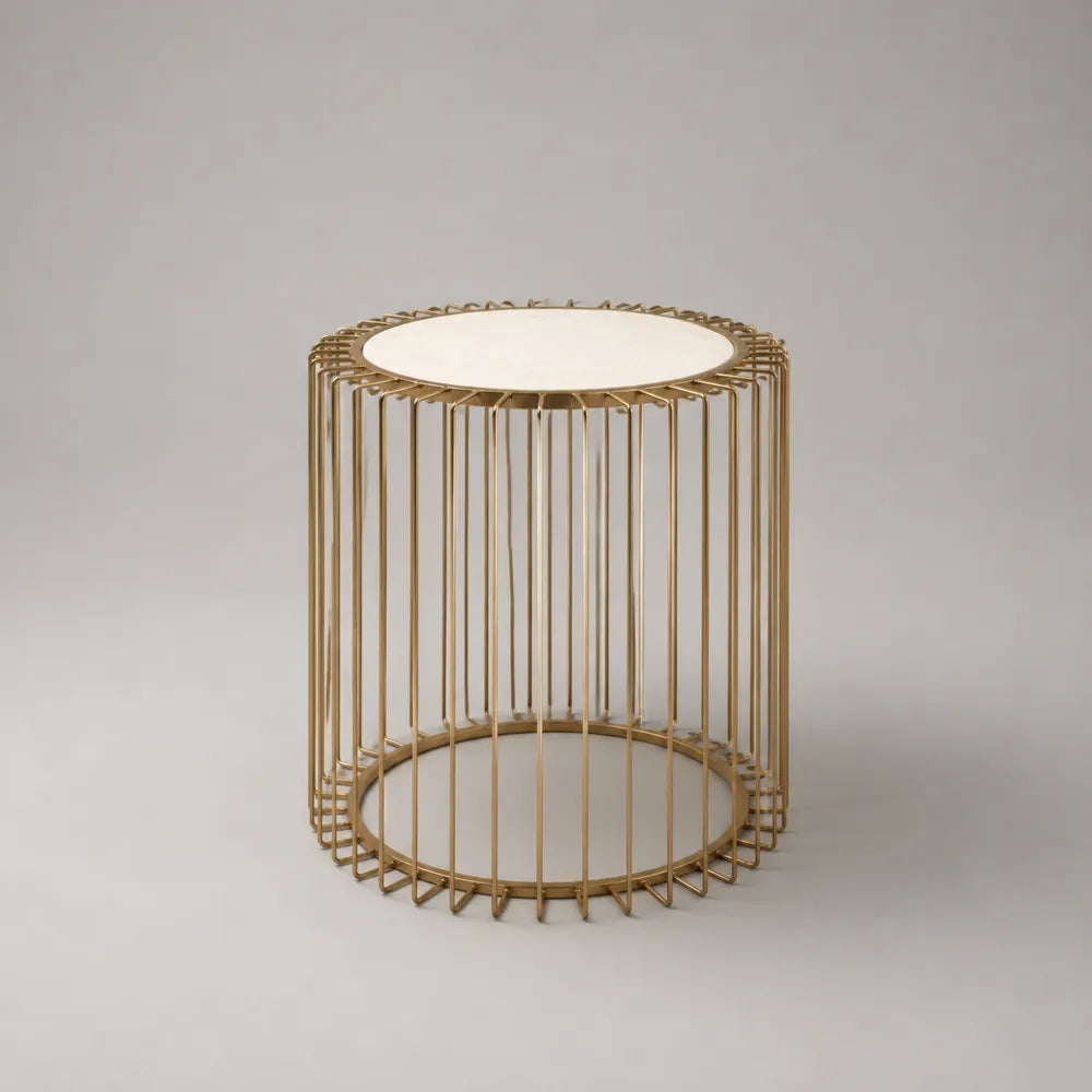 Table basse ronde avec plateau en verre blanc structure acier doré forme cylindrique 45 x 45 x 45 cm