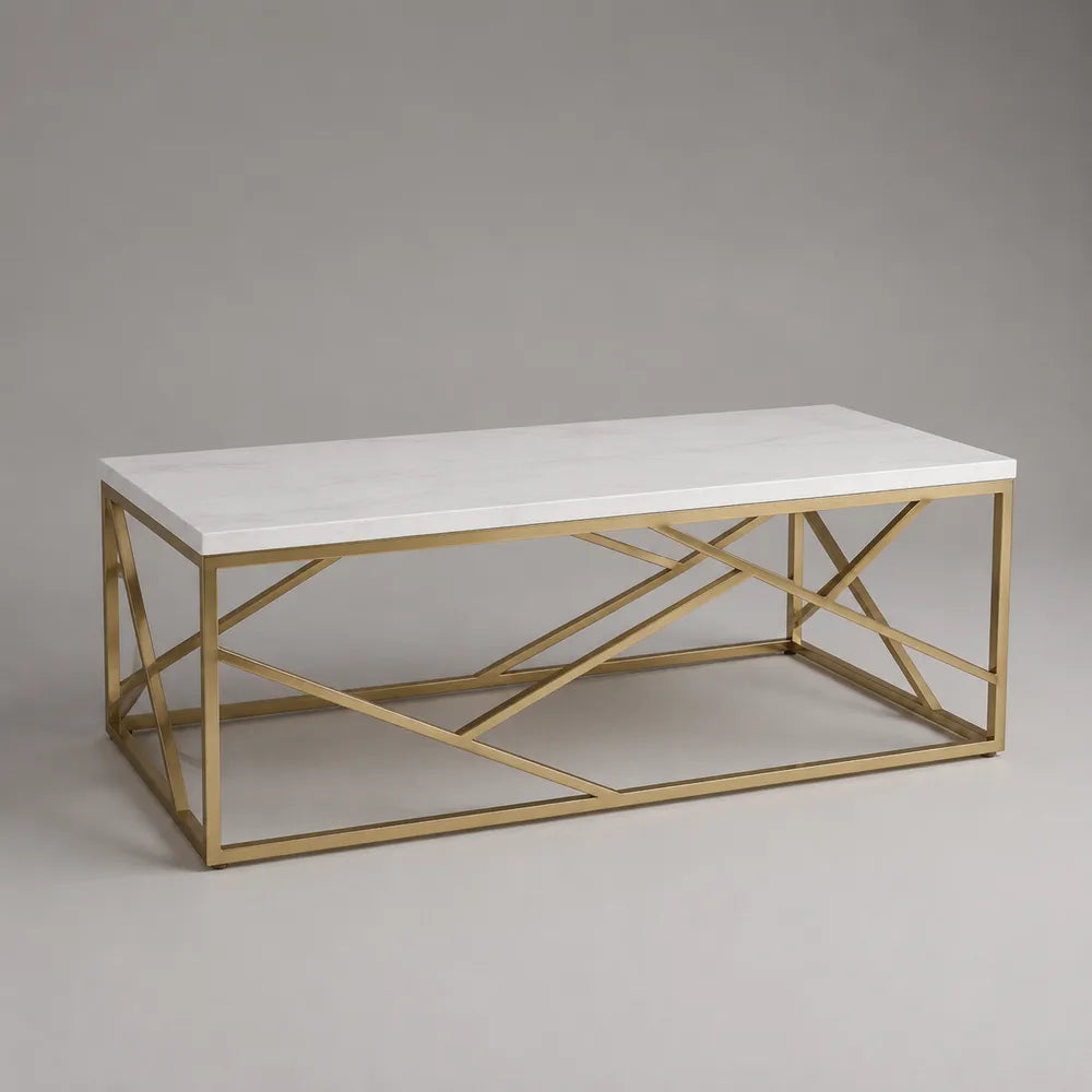 Table basse rectangulaire avec plateau effet marbre blanc et structure acier doré 120 x 60 x 40 cm