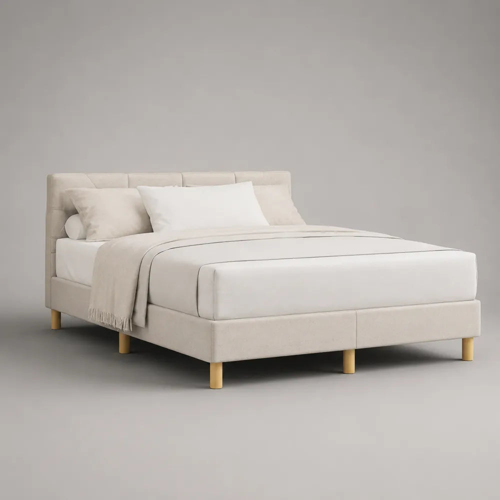 Lit double rembourré en polyester et bois beige 160 x 200 cm