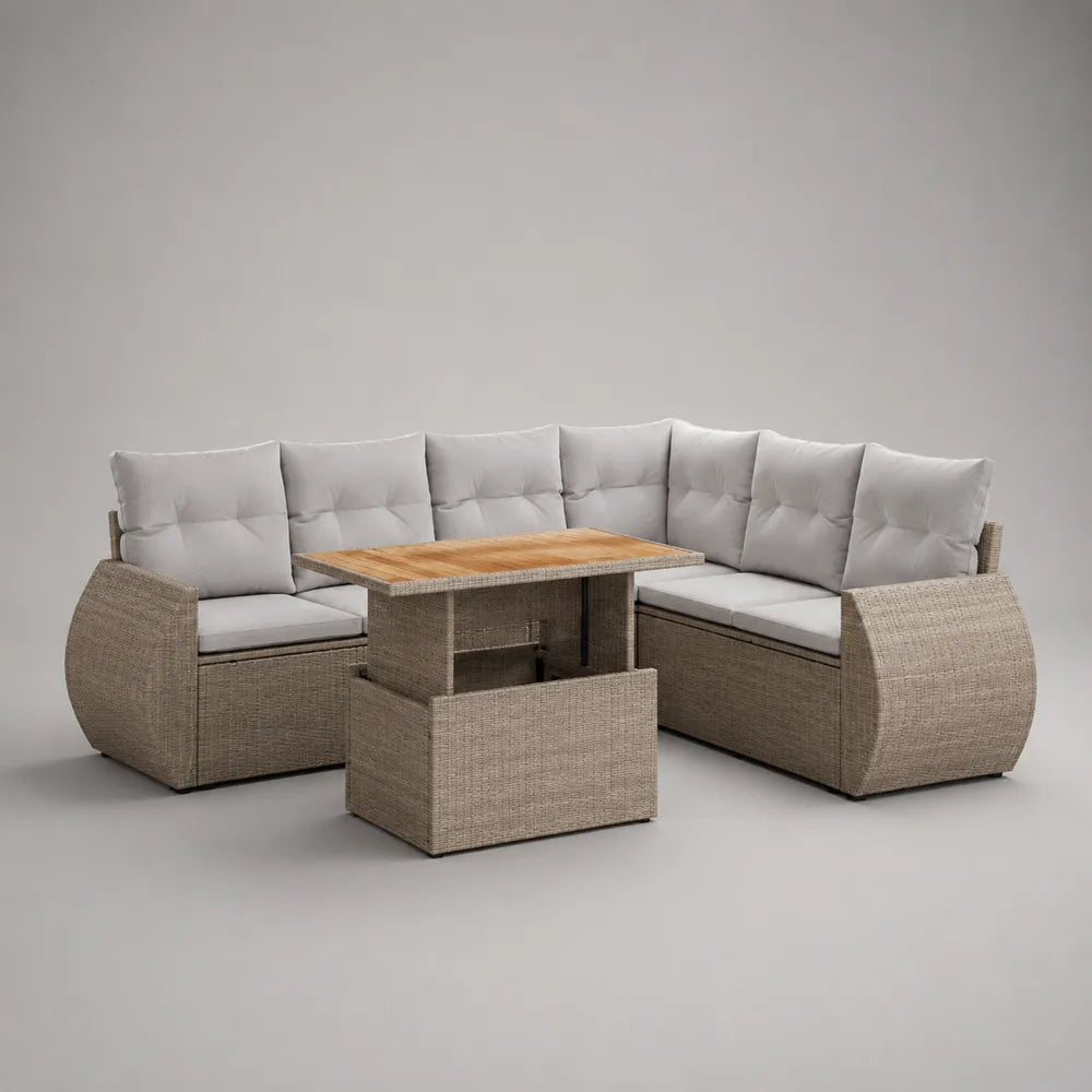 Salon de jardin d'angle modulable 6 places en résine tressée avec coussins blancs table en bois d'acacia beige 250 x 250 x 70 cm
