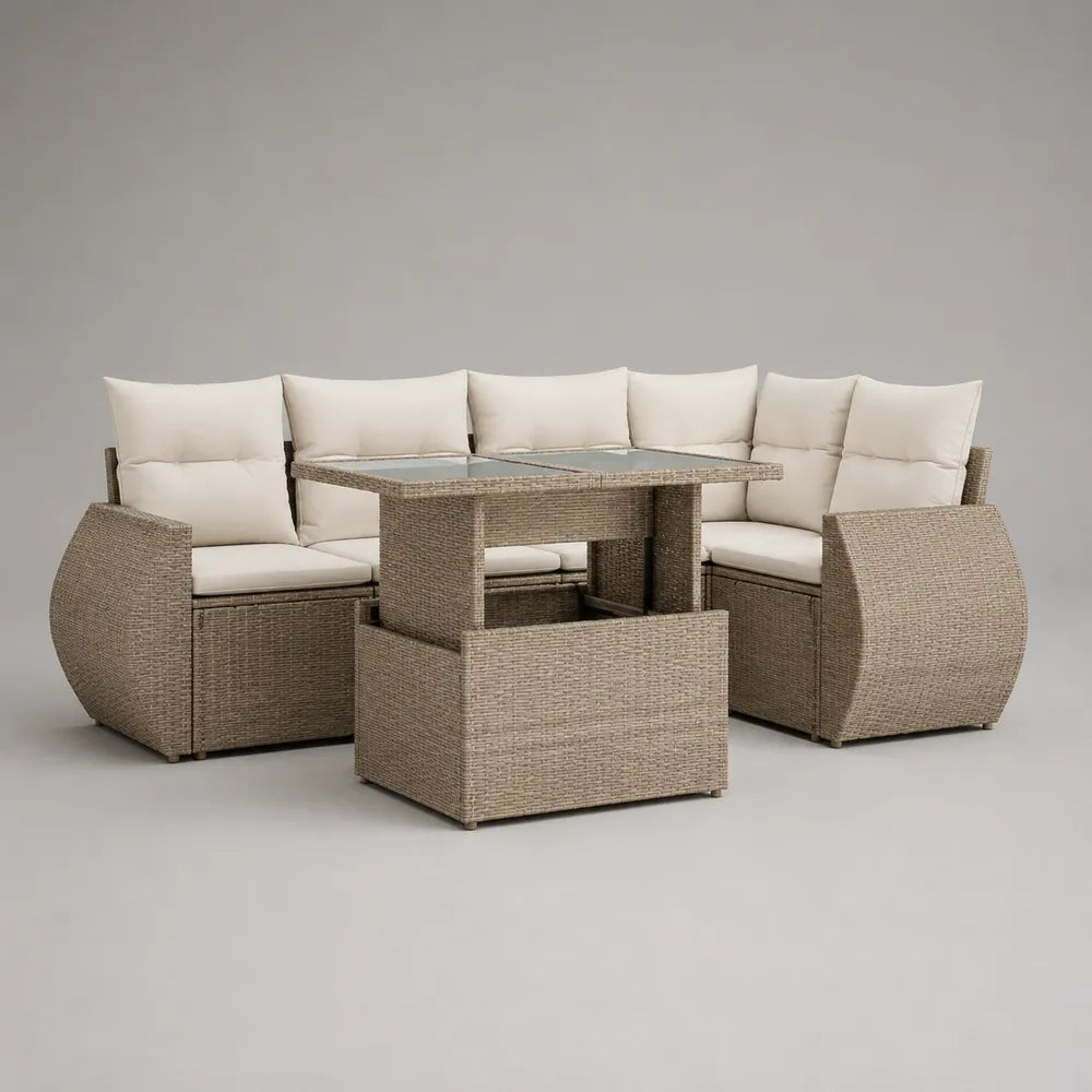 Salon de jardin modulable 6 places en résine tressée beige avec coussins blancs et table avec plateau verre 280 x 210 x 75 cm