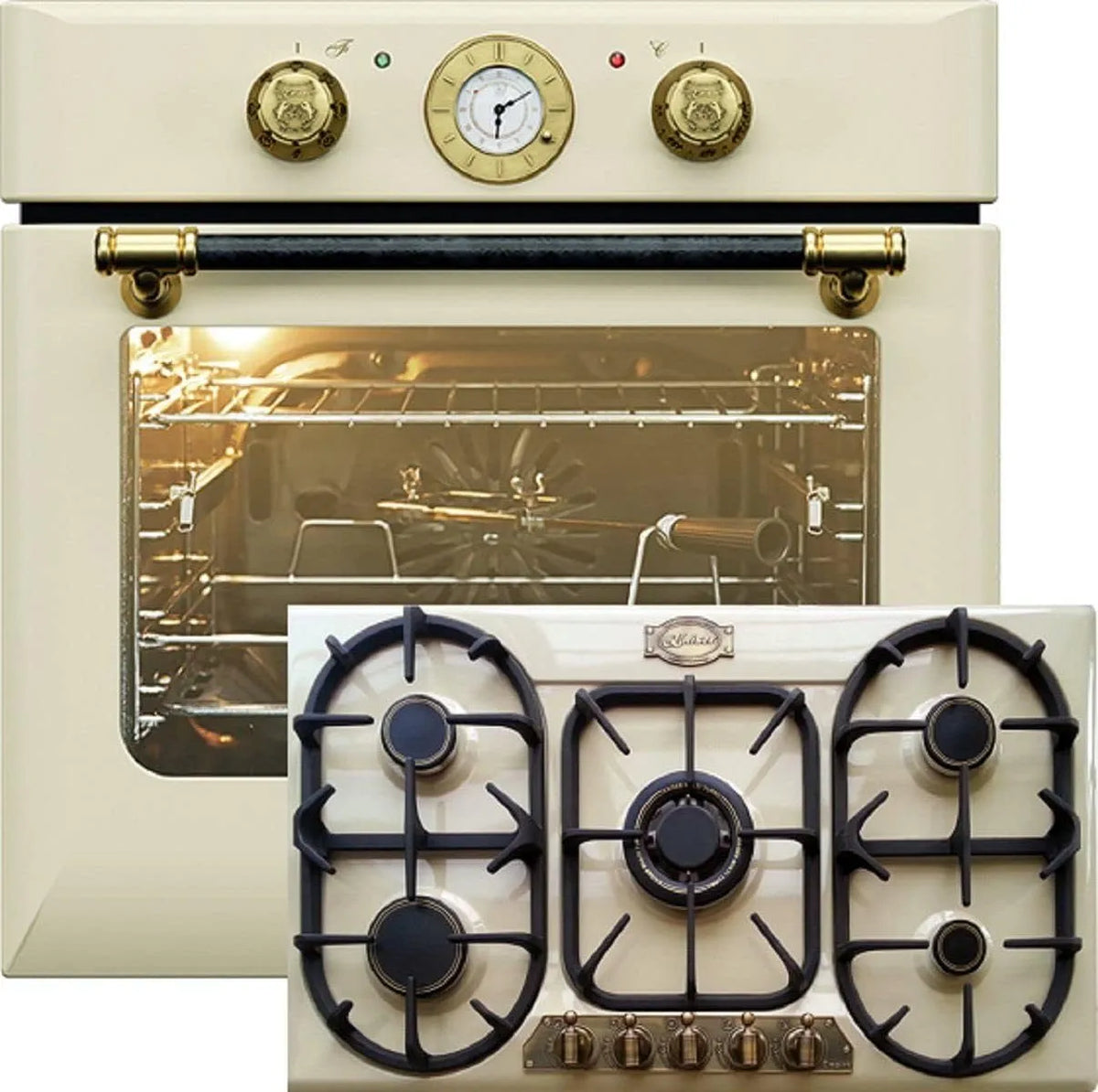 Four EH 6432 KG 9325 Herdset Autark, 10 fonctions+plaque de cuisson gaz 90cm, capacité 68 L, puissance 3,8 KW WOK, tournebroche, ivoire, naturel