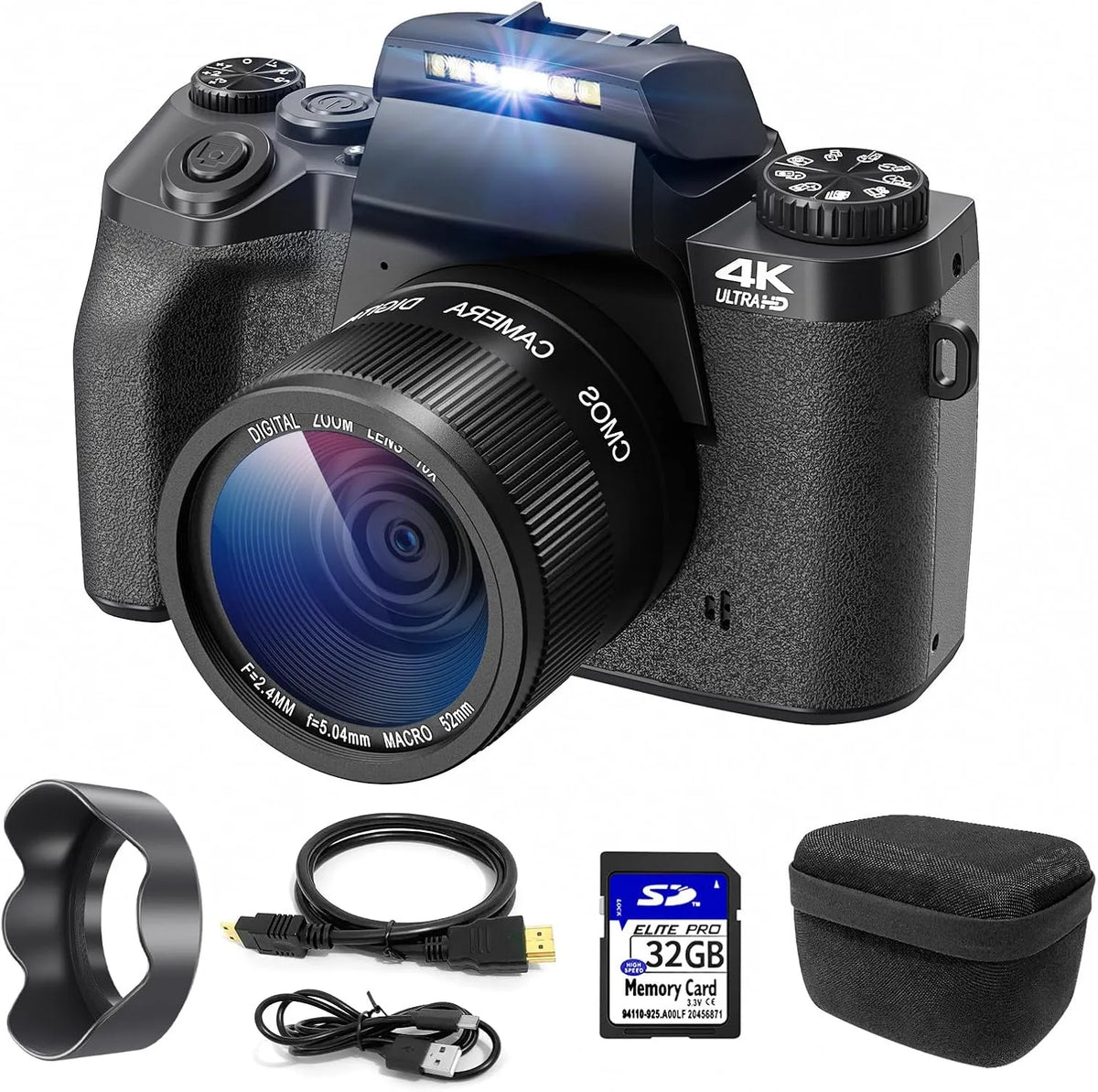 Appareil photo 64MP 16X 32GB, numérique 4K, CCN avec écran Tactile 3.0', Fonction WiFi, Zoom numérique, avec Sacoche, Capuchon, Carte TF