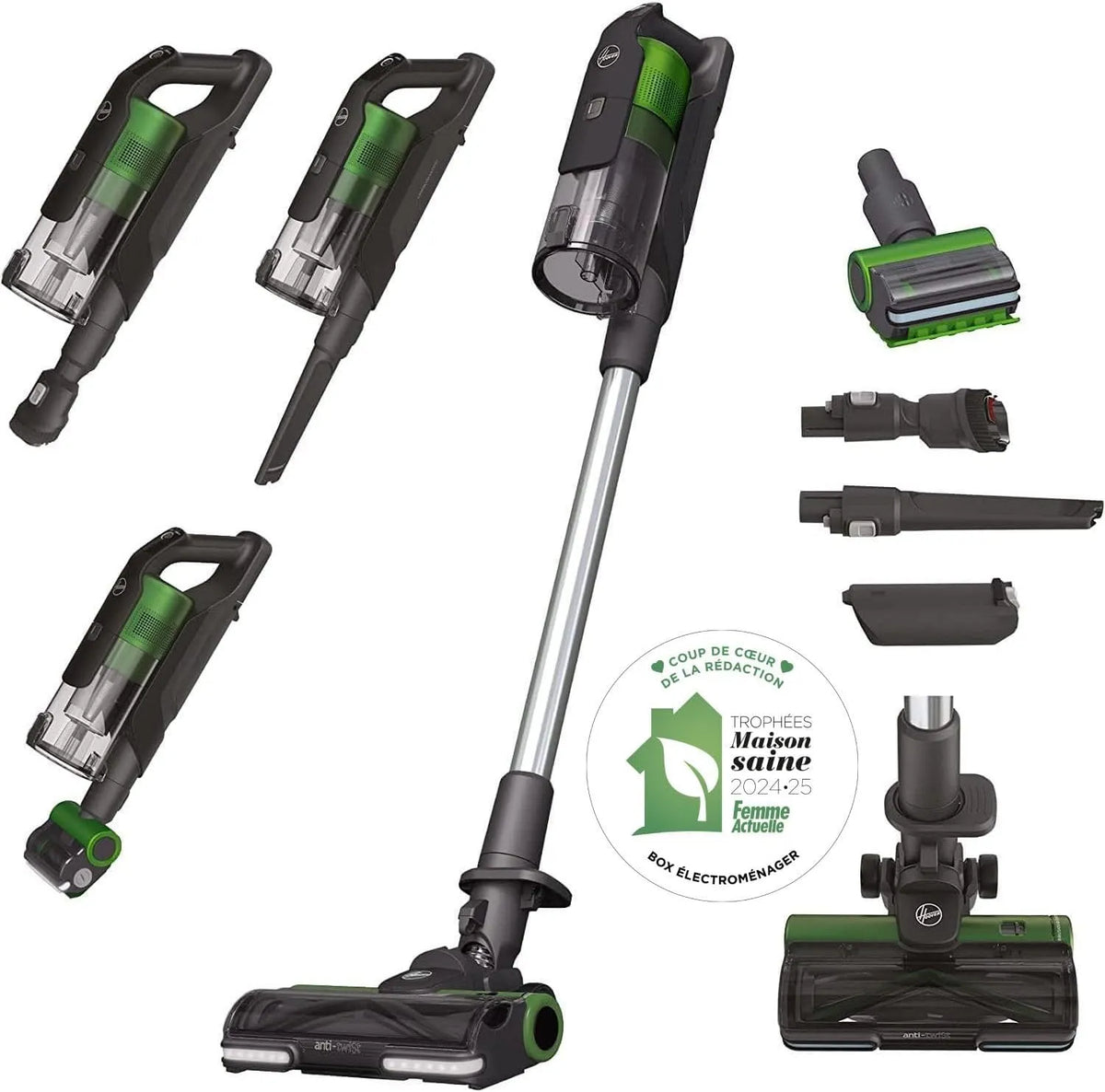 Hoover aspirateur balai HF920P 130AW 60min, sans Fil Puissant Mode Turbo, Batteries X2 Autonomie, Ecran LED, Position Parking, Vert Pop