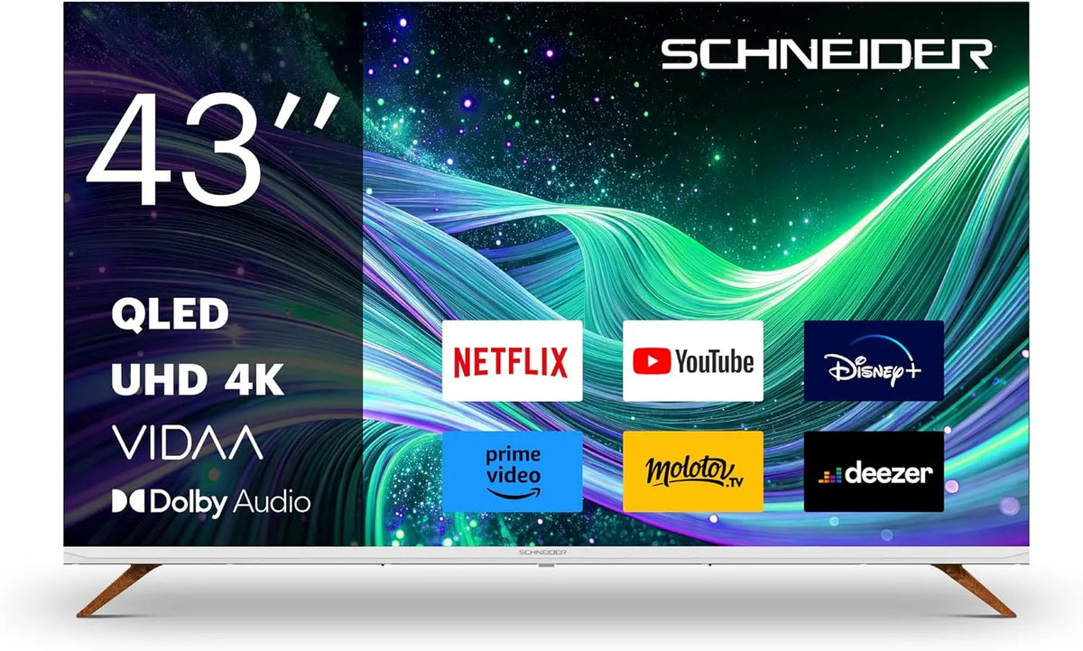 Téléviseur GMS43F1 3840 2160 Schneider, QLED 4K Fjord 43', largeur 108cm, HDMIx3, USBx2, Youtube, Smart Vidaa Life Style, * pix UHD, HDR, Canal+
