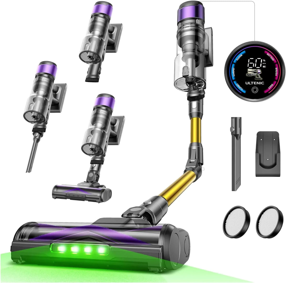 Aspirateur balai U20 Ultenic, 55kPa/60min, Tube Pliable, Puissant pour Poils Animaux, 60min Aspirateur sans Fil, Technologie GreenEye