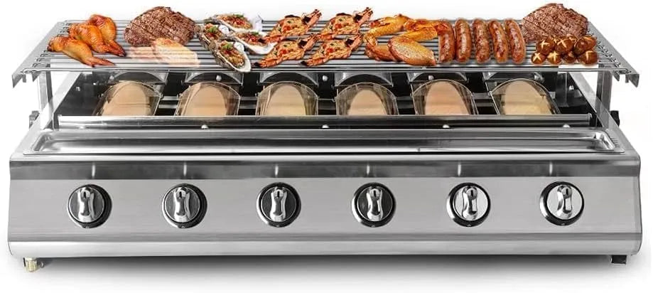 Barbecue à gaz, portable avec 6 brûleurs, Grande surface de cuisson antiadhésive pour jardin, terrasse, camping et extérieur