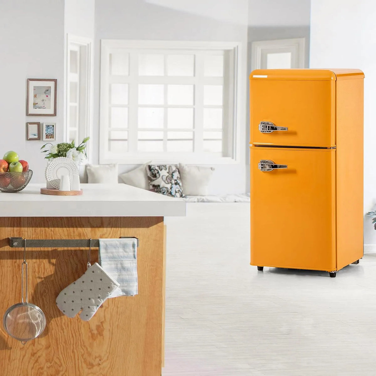 Réfrigérateur, capacité 60 L, Mini Rétro 2 Portes Pour Résidence Universitaire, Mini Avec Congélateur, Petit Rétro, Thermostat Réglable, Yellow