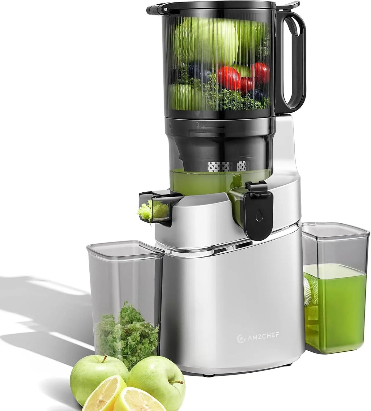 Extracteur de jus AMZCHEF, Ouverture de 145 mm et capacité de 1,8 L de fruits et légumes entiers, automatique Vos mains libres, finition argenté