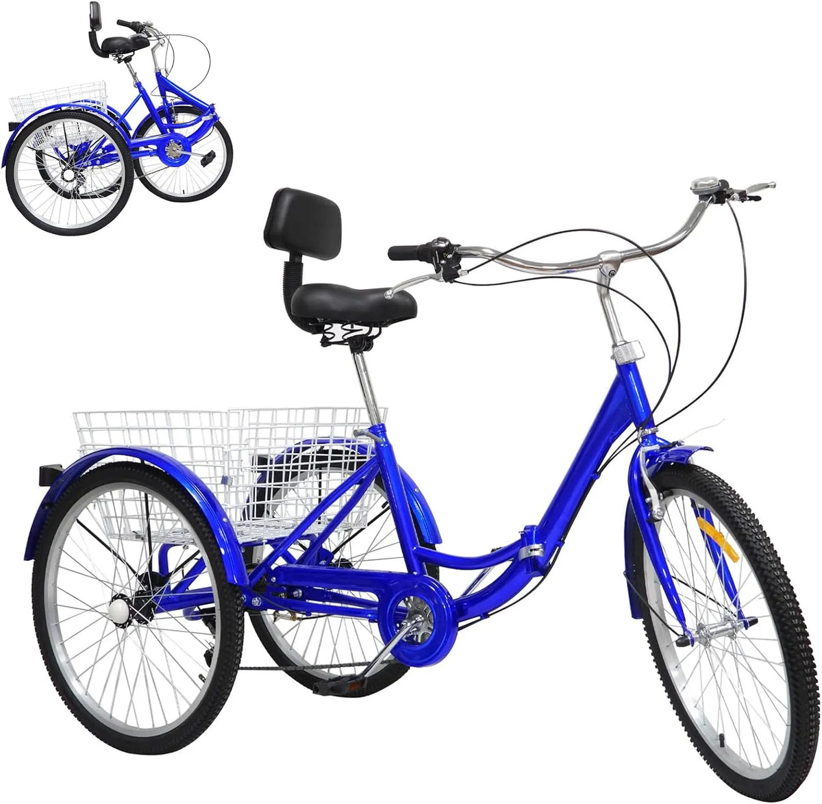 Vélo, Tricycle de 61 cm pour adultes, Charge de 120 kg, 7 niveaux de vitesse réglables, Pliable, Avec dossier