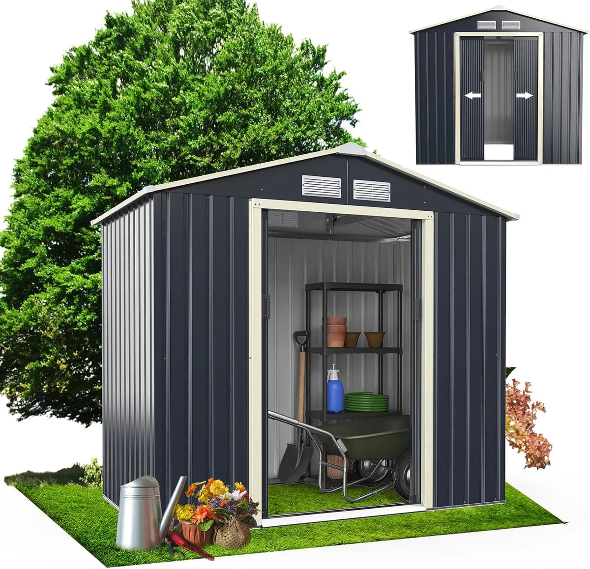 Abri de jardin RELAX4LIFE 3m2, Métal avec Porte Coulissante Toit en Pente
