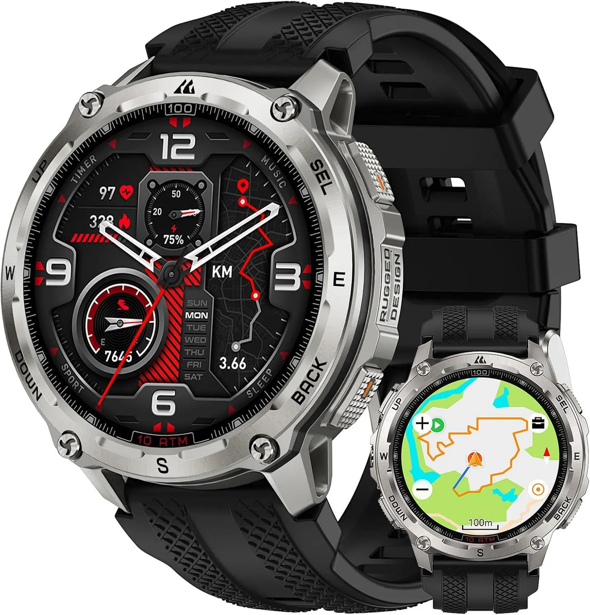 Modèle T4 Montre Connectée Homme 10ATM KOSPET TANK, Plongée 45M, Surveillance Santé 24/7, Android et iOS, Acier Inoxydable, Appels Bluetooth