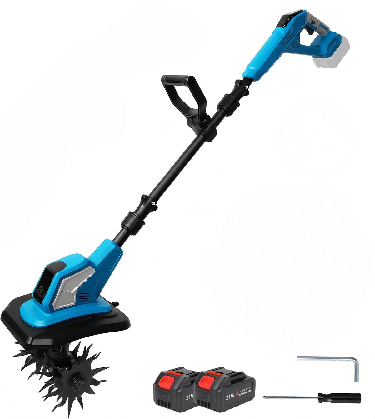 Motobineuse, Electrique 600W Motoculteur sans Fil acve Double Rouleau 4 Lames, Largeur de Travail 17 cm, Profondeur de Travail 24 cm, 2 Batteries