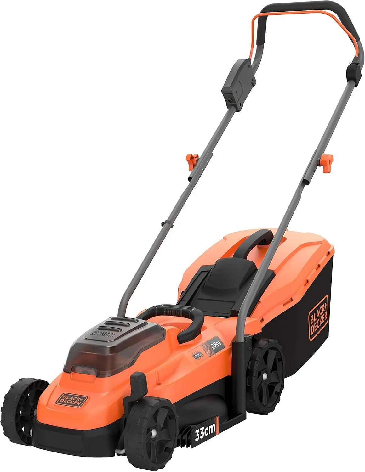Black+Decker tondeuse BCMW3318N, largeur 33 cm, sans Fil Lithium 18 V, sans Batterie, Orange, finition noire