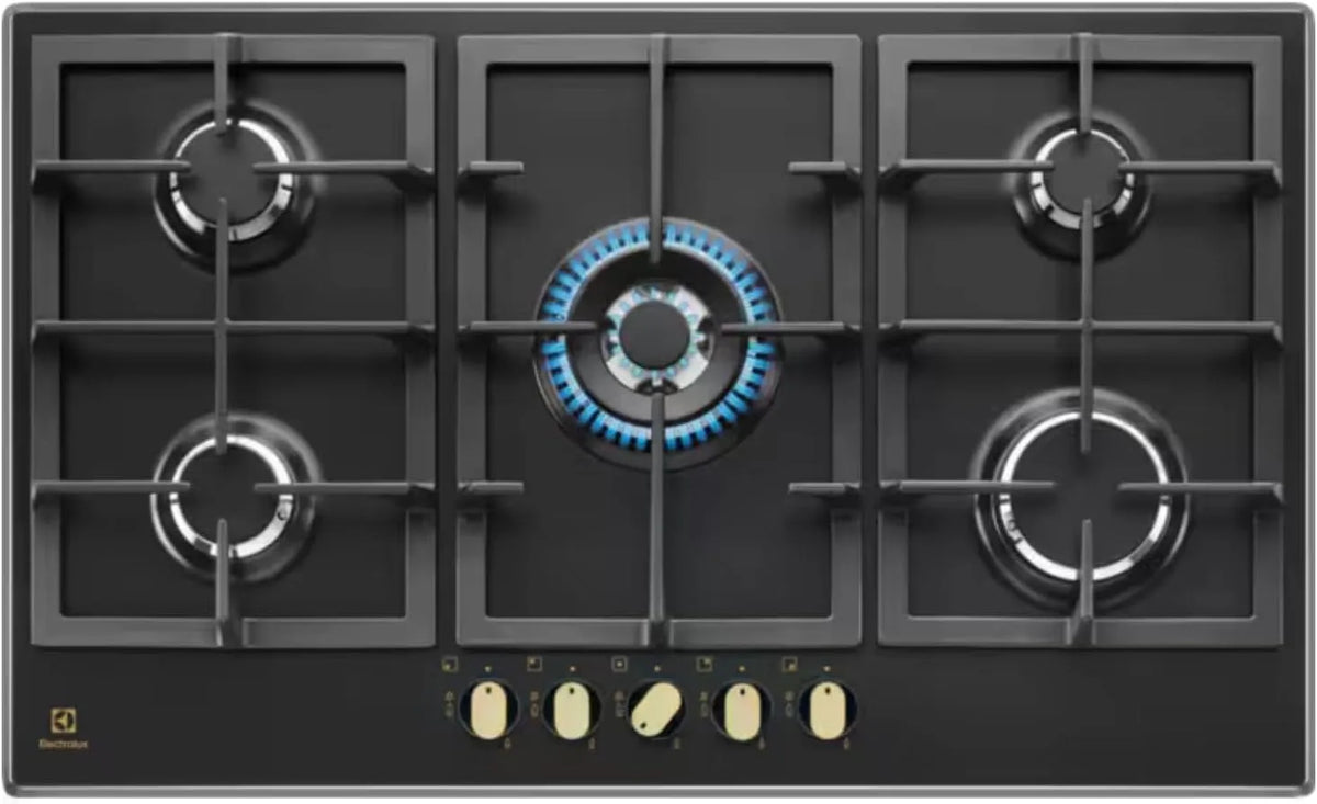 Electrolux plaque de cuisson KGS 9536 RN, de cuisson à gaz finition fonte noire et poignées bronze 90 cm