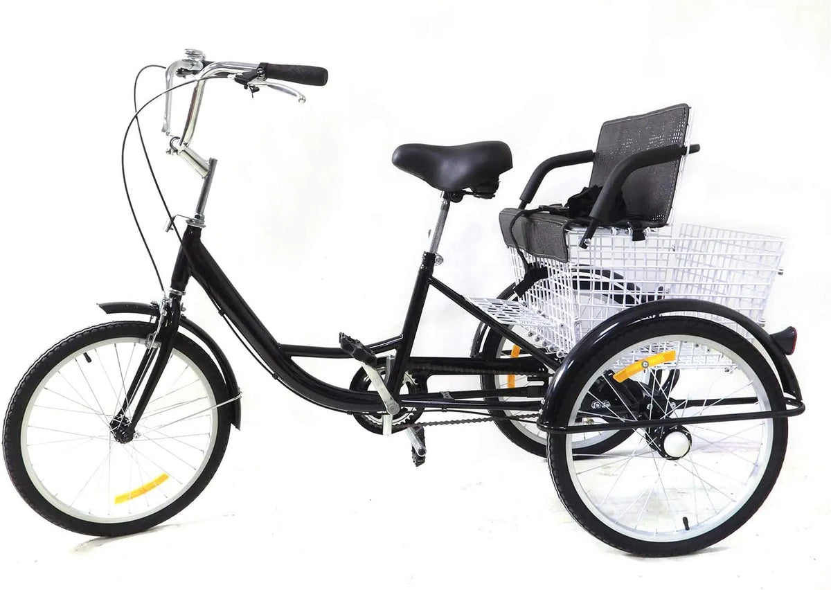 Tricycle à, 3 roues avec panier à provisions, double frein, cadeau, vitesse unique de 20 pouces pour adulte avec siège enfant, pédale antidérapante