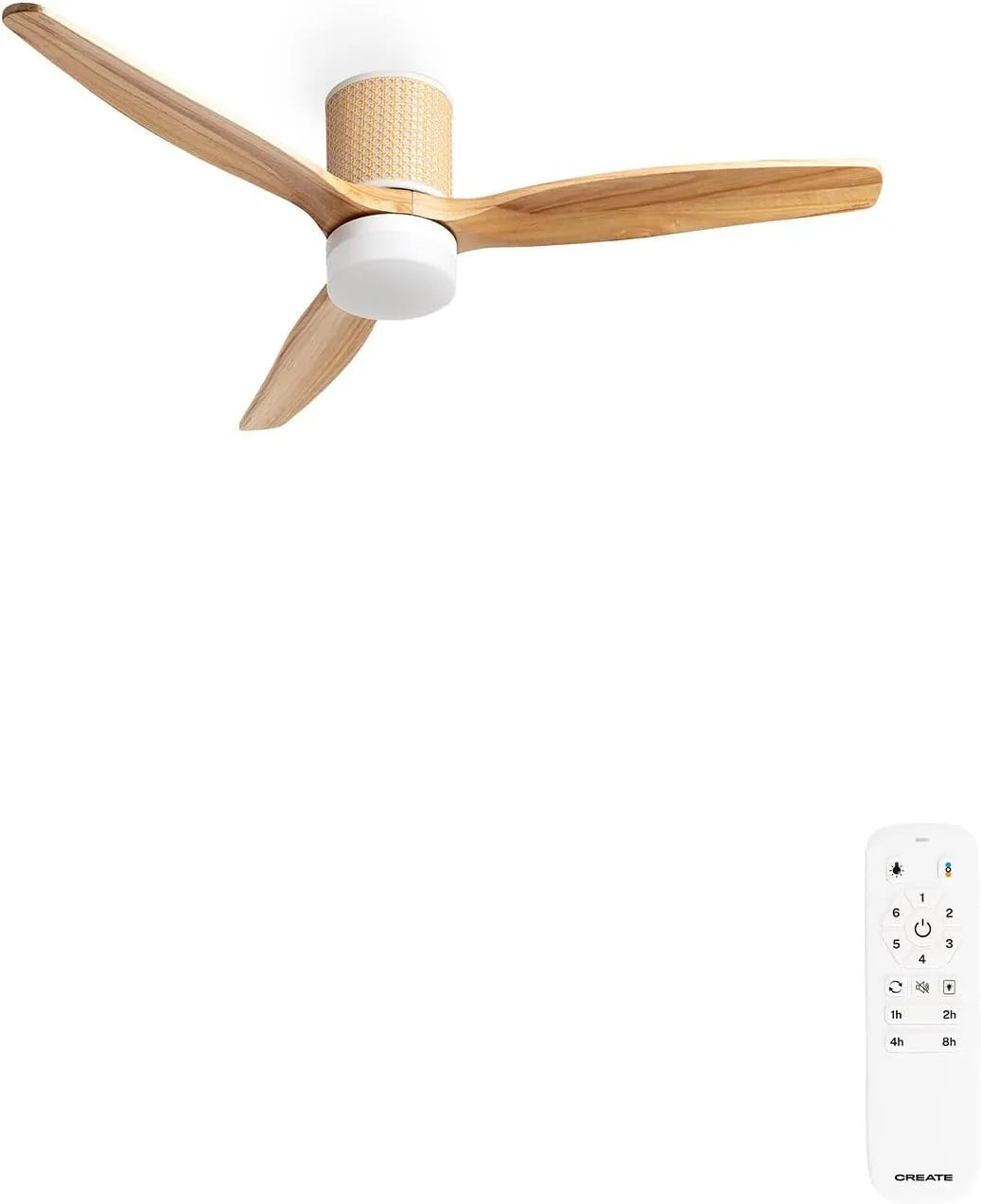 Ventilateur, 6 niveaux de vitesse, 6 niveaux de vitesse, WINDCALM RATTAN de plafond avec lumière en bois naturel télécommande incluse
