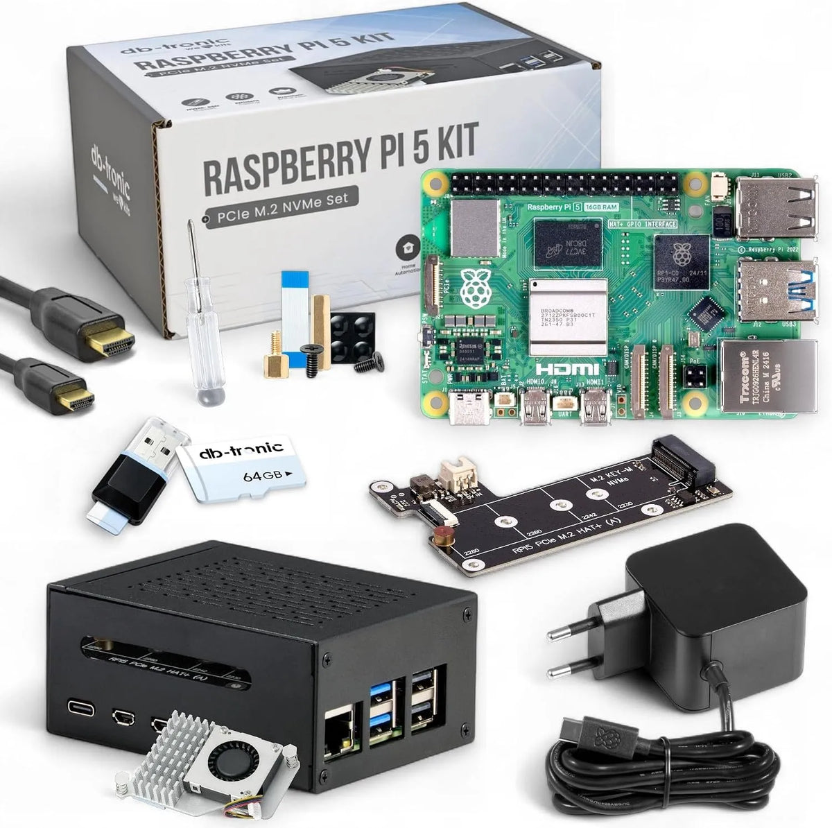 Modèle Kit pour Raspberry Pi 5 16 Go M.2 db-tronic NVMe, Alimentation 27 W, idéal pour Home Assistant et Le Smart Home, Refroidissement Actif