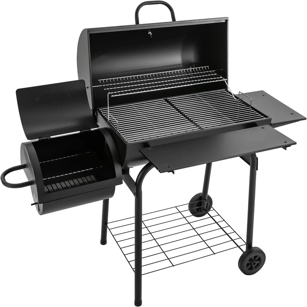 Barbecue, couvercle et 2 roues, au charbon de bois finition noire avec thermomètre, chariot de au charbon de bois pour pique-niques, fêtes, terrasses