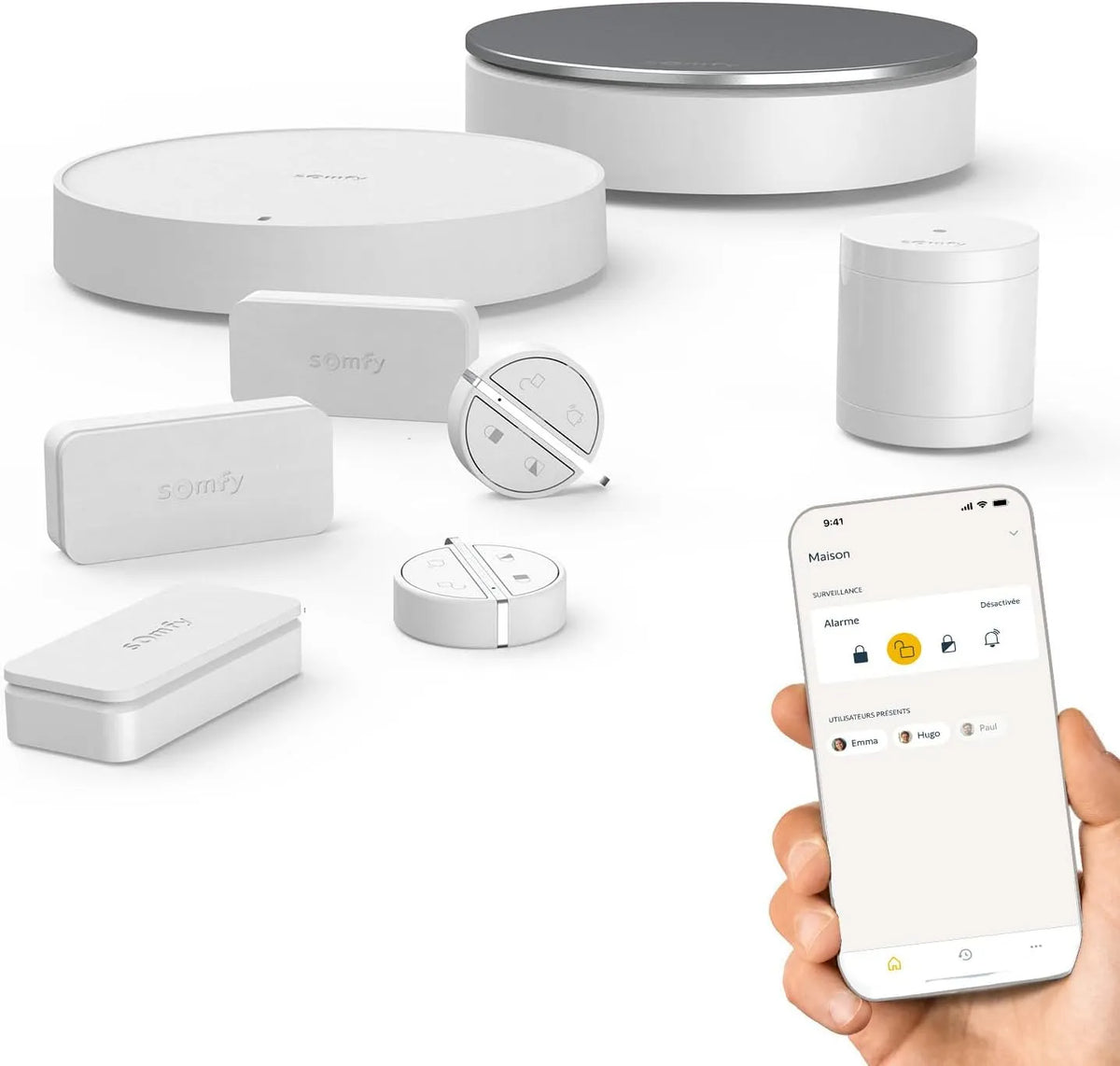 2 Badges télécommandes 1875280 Somfy, 3 IntelliTAG, Home Alarm Essential, Compatible Alexa, 1 détecteur de Mouvement, Assistant Google et Tahoma