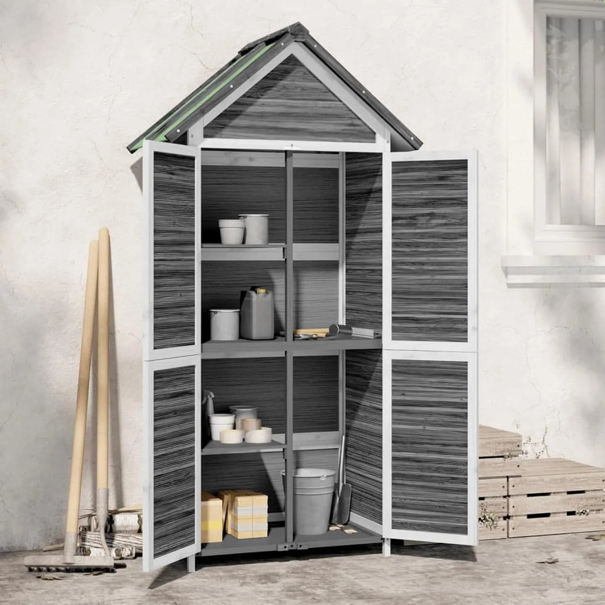 Abri de jardin, remise de jardin finition grise 89 x 52,5 x 175 cm en bois massif de pin, porte outils, cabane de jardin avec portes coulissantes