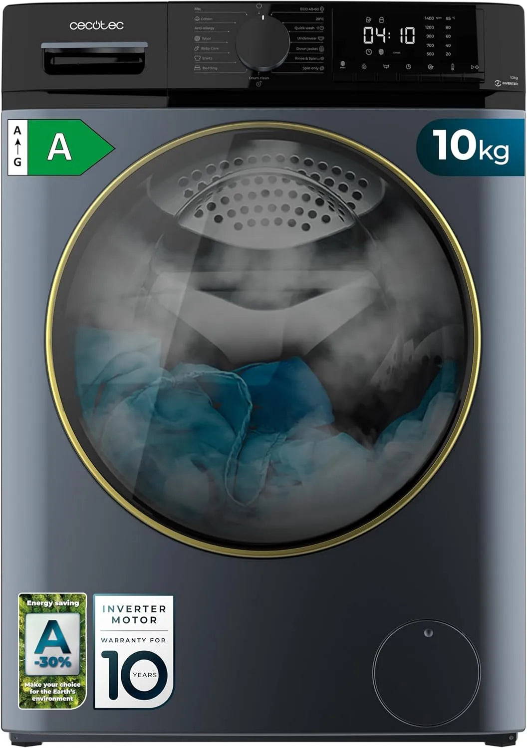 Cecotec lave-linge 10610, poids 10 kg Bolero DressCode Inverter Ice Blue A. 1400 RPM, 15 Programmes, Moteur Inverter Plus, Steam Max, OnSmart, Stop&Go