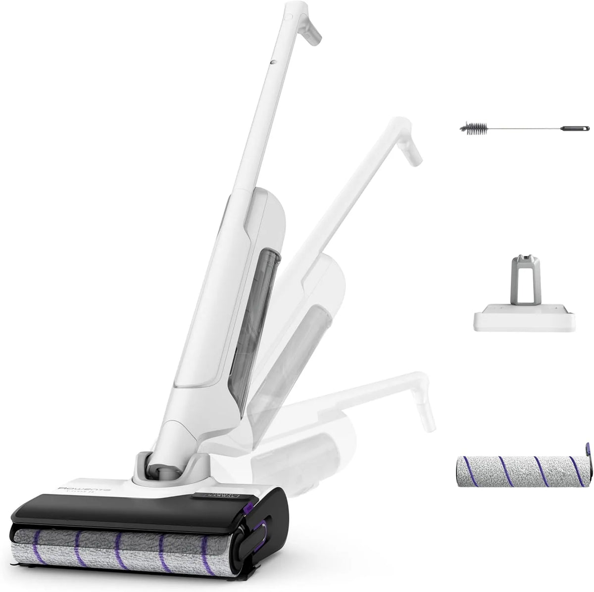 Rowenta aspirateur 60min GZ7540WO, Design Plat 180°, Autonomie, finition blanche, X-Clean 10, Laveur sans fil, Auto-Nettoyage et séchage 65°C