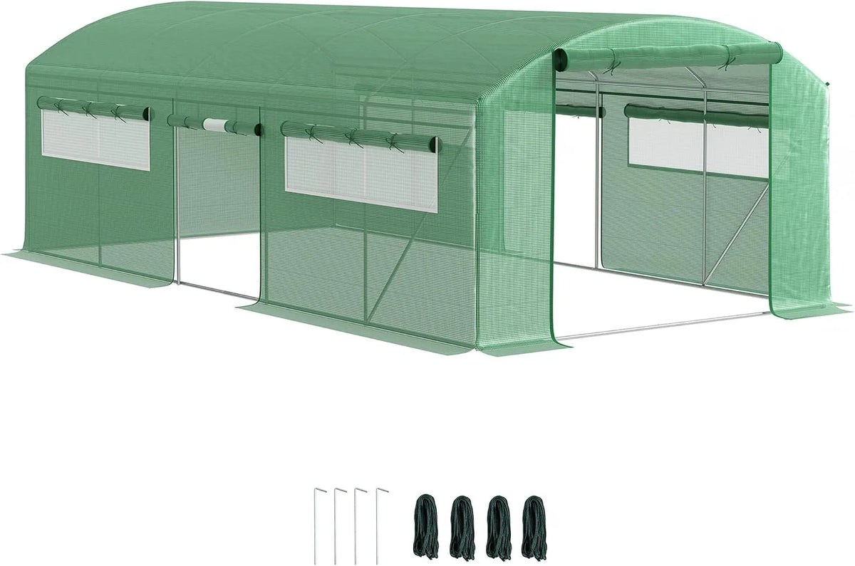 Outsunny Serre tunnel avec 3 portes roulantes, 6 fenêtres, acier galvanisé et PE Serre pour jardin et plantes, vert, dimensions 6x3x2 m