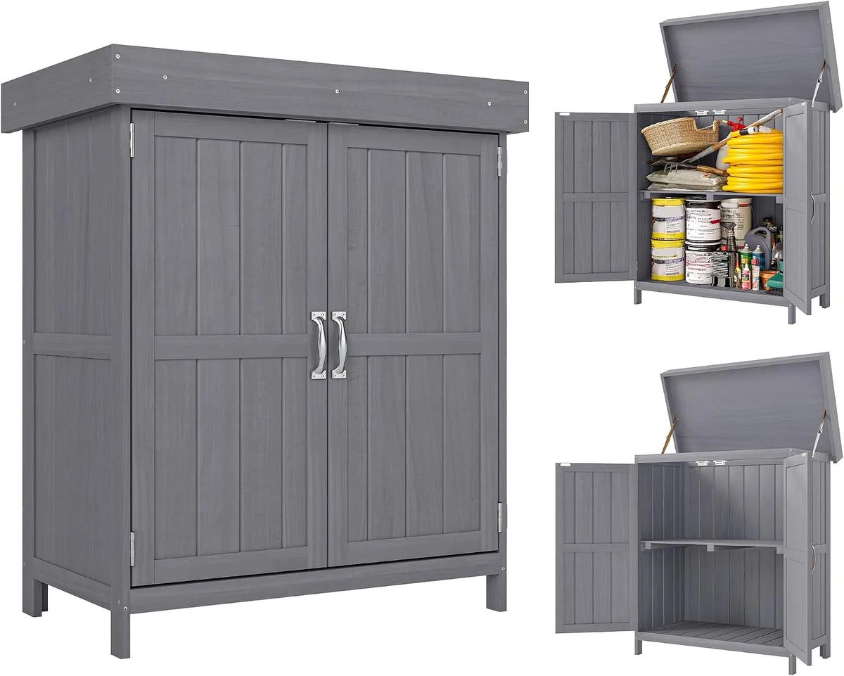 Armoire de jardin Outsunny 88H, capacité 74L x 43l x cm, sur Pied à Double Porte avec Étagère et Toit Bitumé Ouvrable, Bois Massif de Sapin