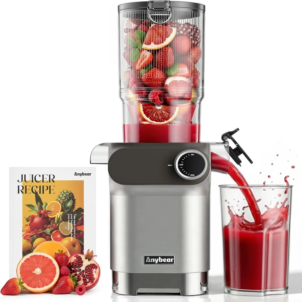 Extracteur de jus Anybear, puissance 200 W, avec grande baie de remplissage de 110 mm pour fruits, légumes entiers, en Tritan, sans BPA