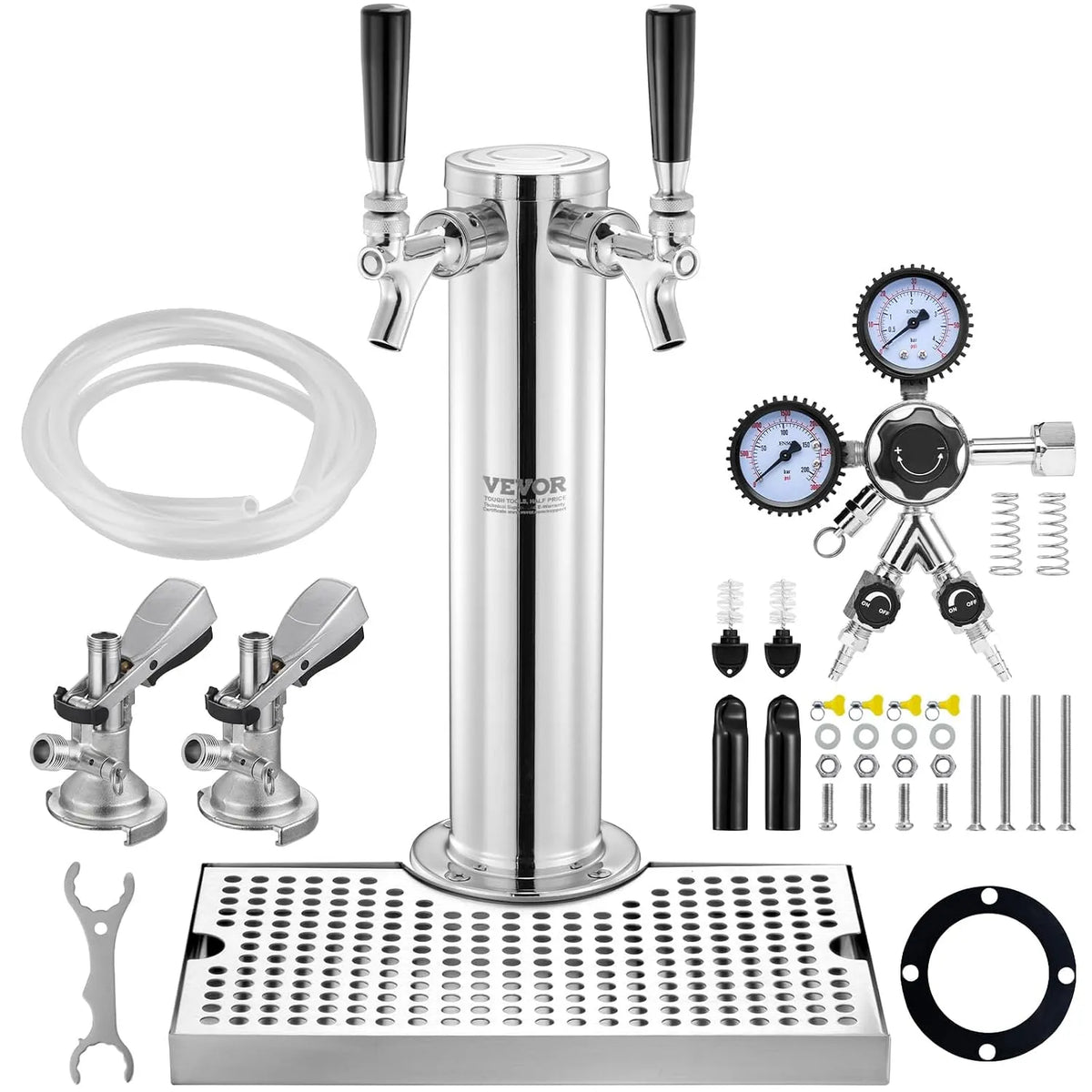 Vevor Kit Colonne à Bière Double Robinet W21, pour Bar Restaurant, Tireuse à Bière avec Régulateur à Double Jauge,8 et Coupleur de Fût Système A