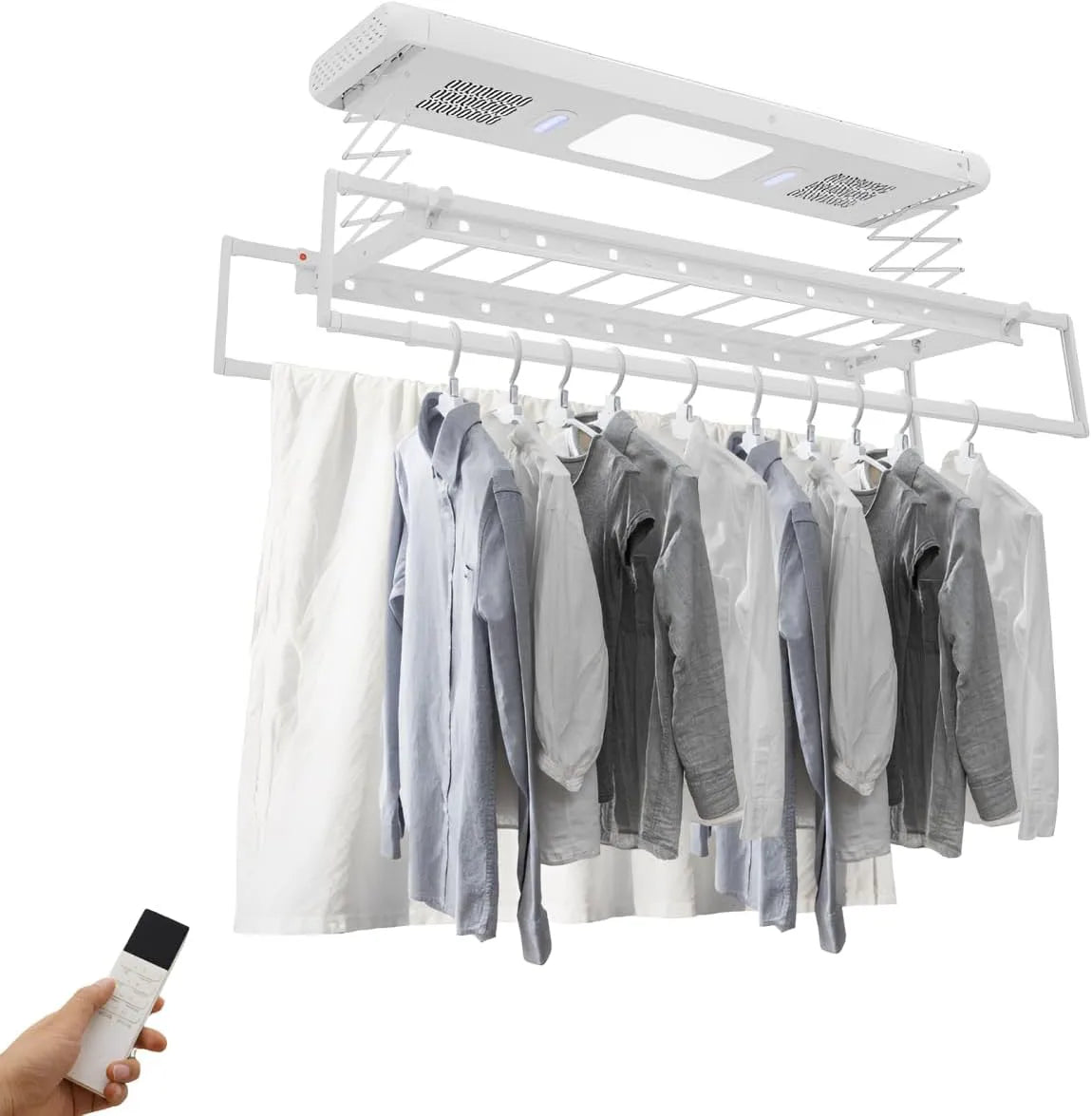 Ventilateur, télécommande de 50 m, support de lavage élévant, tringle à vêtements réglable de 130 à 215 cm, éclairage LED