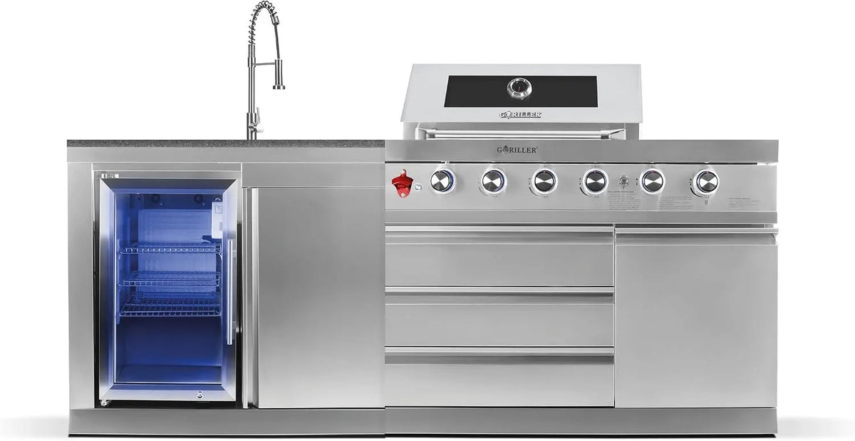 Modèle SG213 GORILLER, Cuisine extérieure, en acier inoxydable, incl. rôtisserie et housse de protection contre la pluie, finition argenté