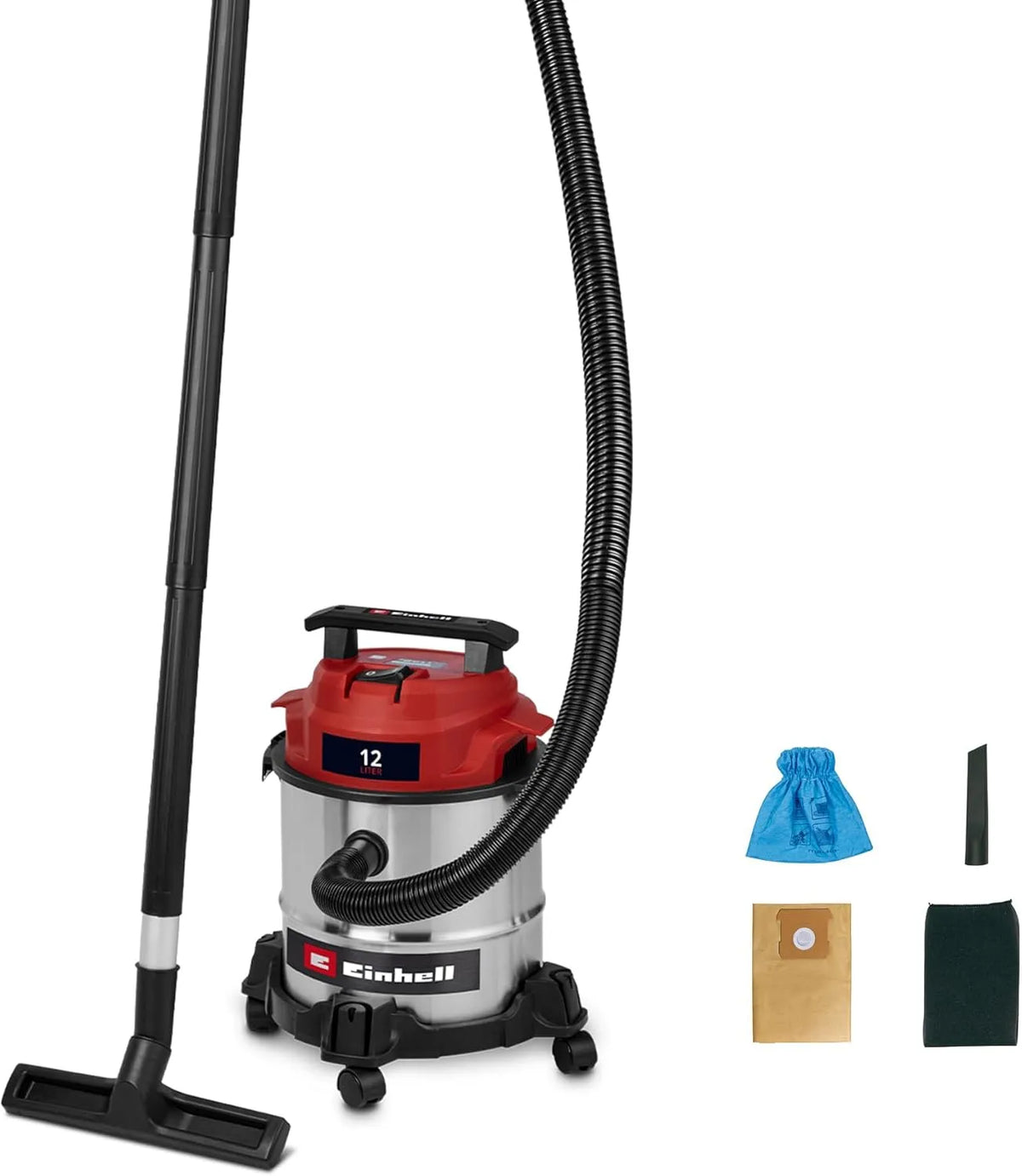 Einhell aspirateur TC-VC 1240 S, puissance 950 W, cuve de 12 l, 180 mbar, 4 roulettes, eaux et poussières, Filtre en Mousse