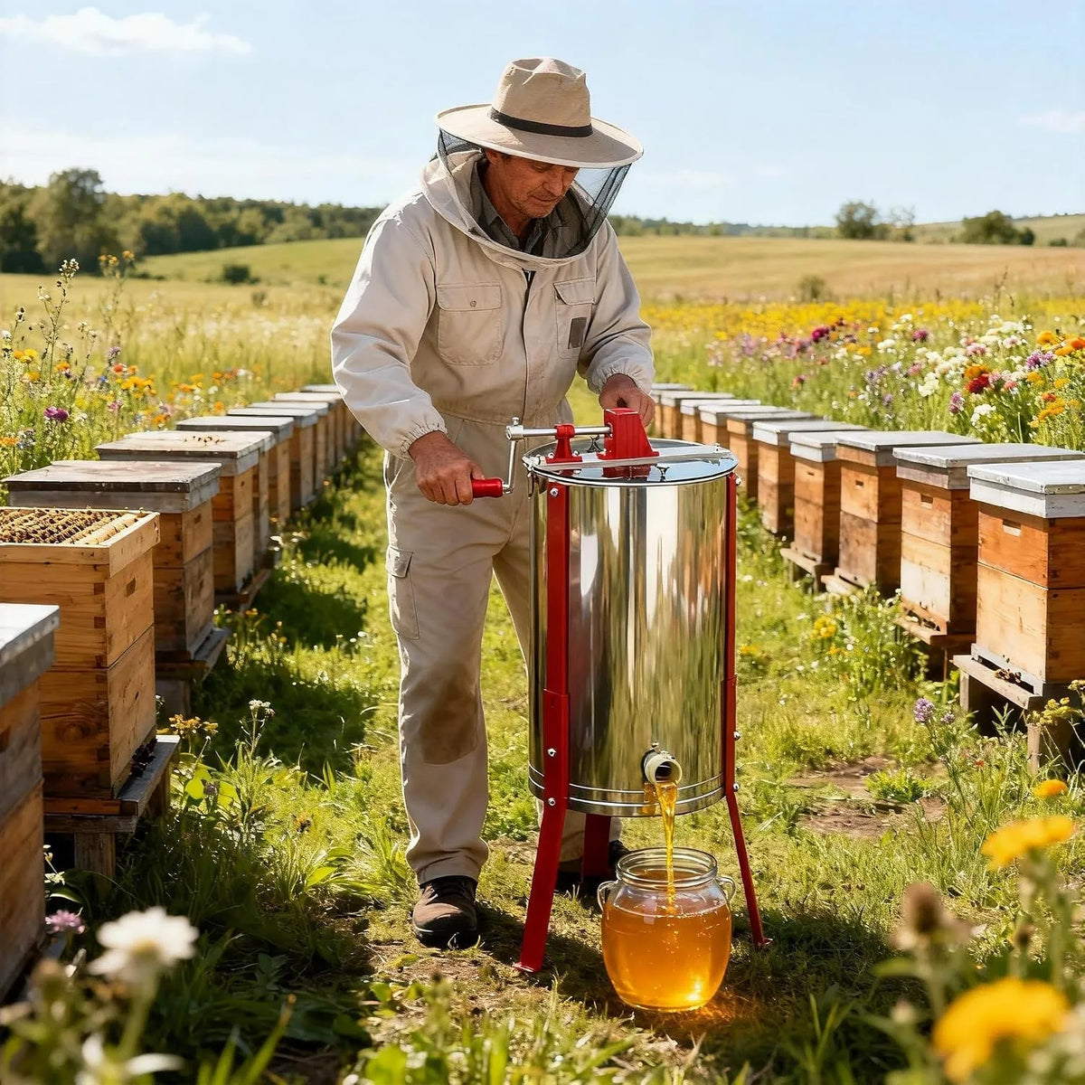 À miel manuelle en acier inoxydable UISEBRT Essoreuse, 2 alvéoles, 101-111, Presse à miel manuelle pour apiculteurs, Essoreuse tangentielle