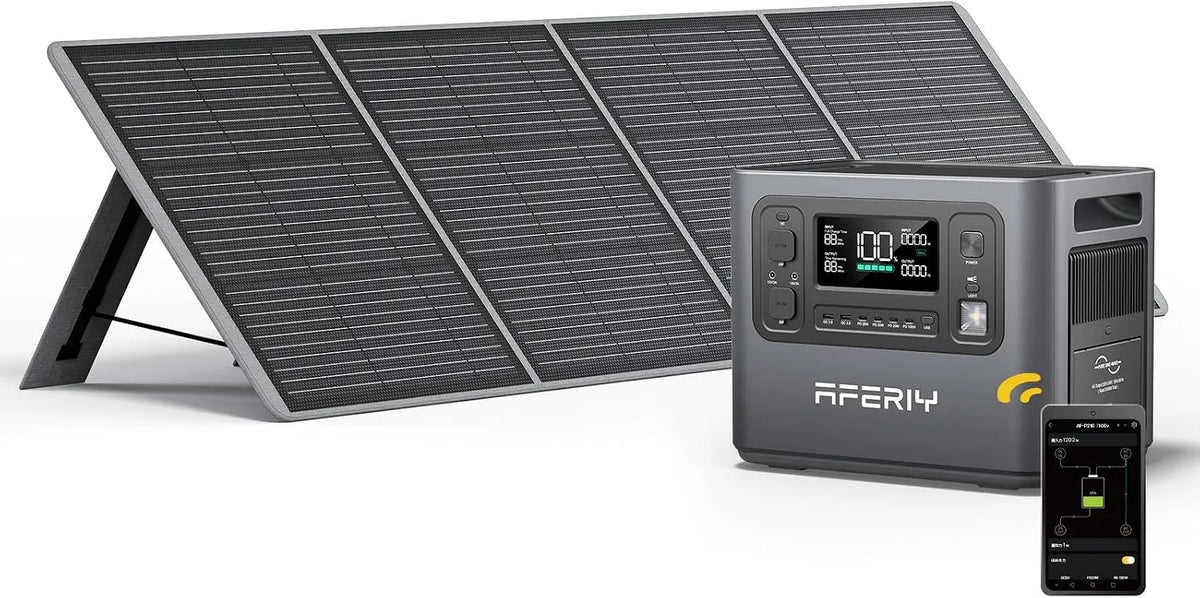 Générateur électrique LiFePO4 220V-240V IP65 AFERIY, Solaire 2400W avec 200W Panneau Solaire, 2048Wh Batteries, Sorties AC, pour Camping, Maison