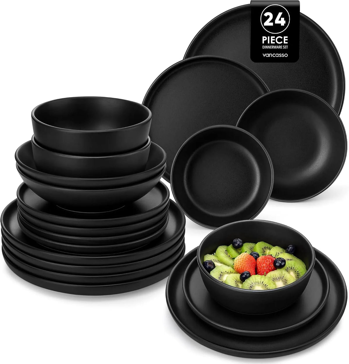 Table, vancasso Série PLAYA Service de 6 Personnes, Adapté au Micro-Ondes, 6 Assiettes Plates, Set Assiettes finition noire en Grès 24 Pièces