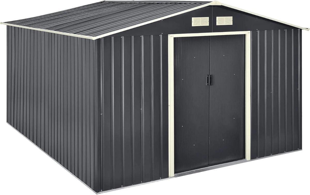 Abri de jardin, 15 m³ Robuste Cabane de Stockage Extérieur Cabane à Outils Toit à Pignon Tôles en Acier Galvanisées finition grise Foncé, en.casa