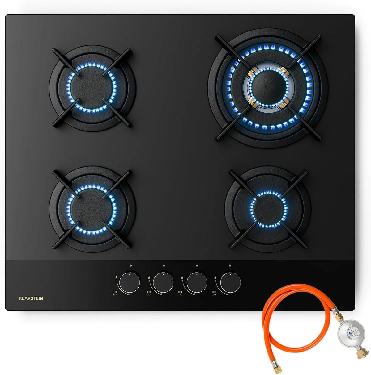 Klarstein plaque de cuisson, 4 Brûleurs Laiton, puissance 8kW, largeur 60cm, Goldflame Nano De Cuisson Gaz, Verre Nano, Compatible GN, GPL