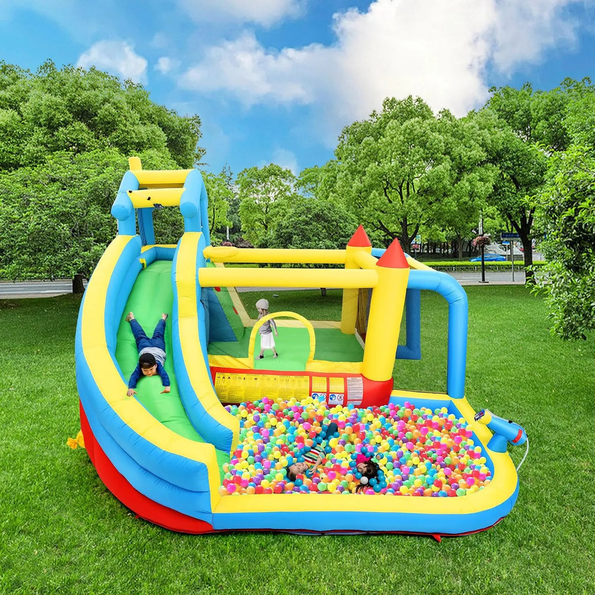 Pompe, dimensions 364 x 315 cm, structure gonflable d'extérieur pour enfants de 3 à 10 ans, Château gonflable avec toboggan aquatique, utilisabl