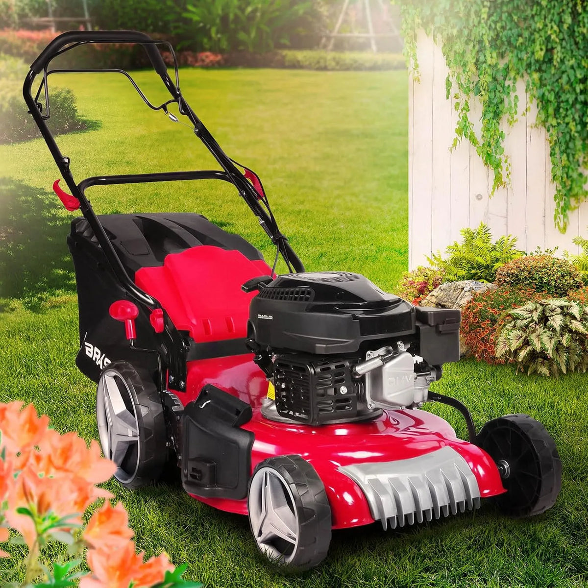 Tondeuse 76cv 30-80mm 4en1 BRAST, Thermique tractée Mulching 46cm 170cc Moteur de Marque 4 Temps 4 60l réglage Central, 2 modèles différents