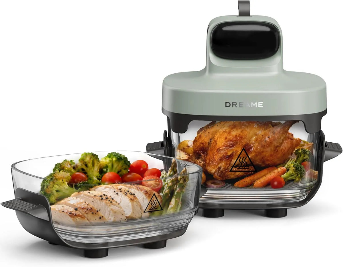 Dreame friteuse à air chaud, Tasti en Verre Portable 5 en 1, 2 Récipients, Air Chaud Circulant en 3D, Design Amovible, Compatible Lave-Vaisselle