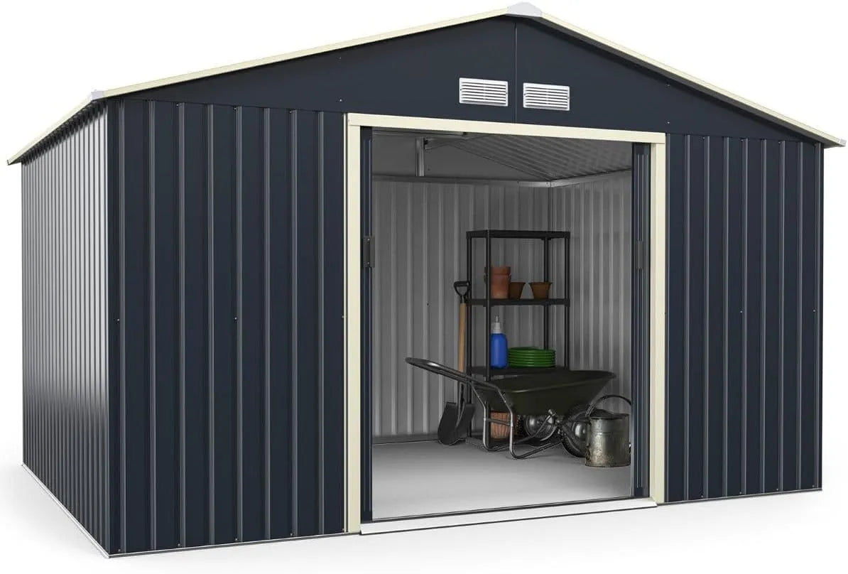 Abri de jardin, en métal 340 x 255 x 210 cm sécurisé 2 Portes coulissantes Style Industriel en tôle d'Acier finition grise 20_0020795