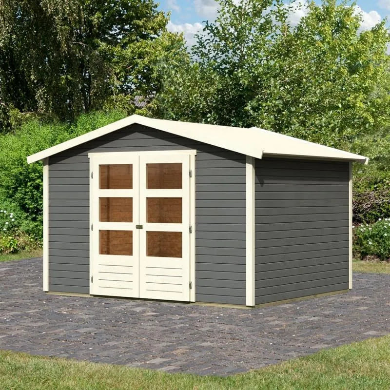 Abri de jardin, Bois Massif finition grise Terre 6,05m² Amberg 4, Double Porte Vitrée & Toiture Bitumée, Épicéa Nordique Résistant