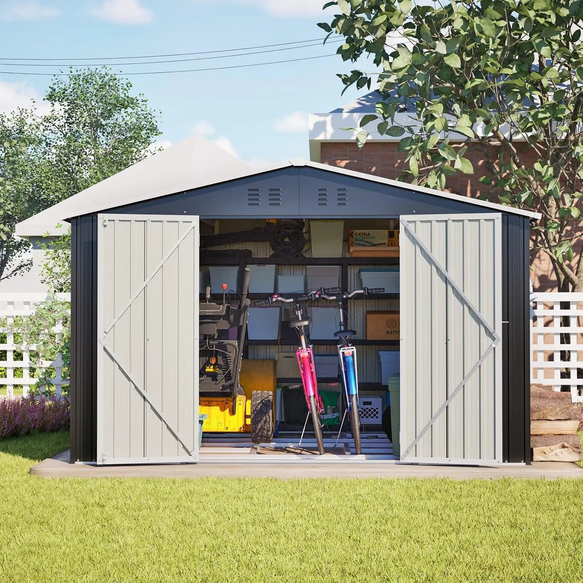 Abri de jardin finition noire-10x8, KOMHTOM 10x8 FT Métal avec Fondations en métal, Cabane de Jardin Extérieur avec Serrure, Rangement Outils de Jardi