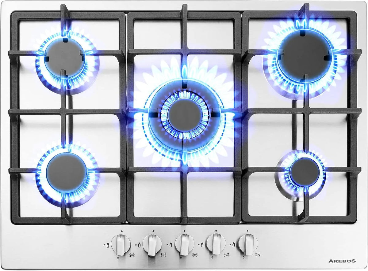 Table de cuisson, à gaz 5 feux, Cuisinière à gaz en acier inoxydable avec protection automatique contre les flammes, Gaz naturel ou propane