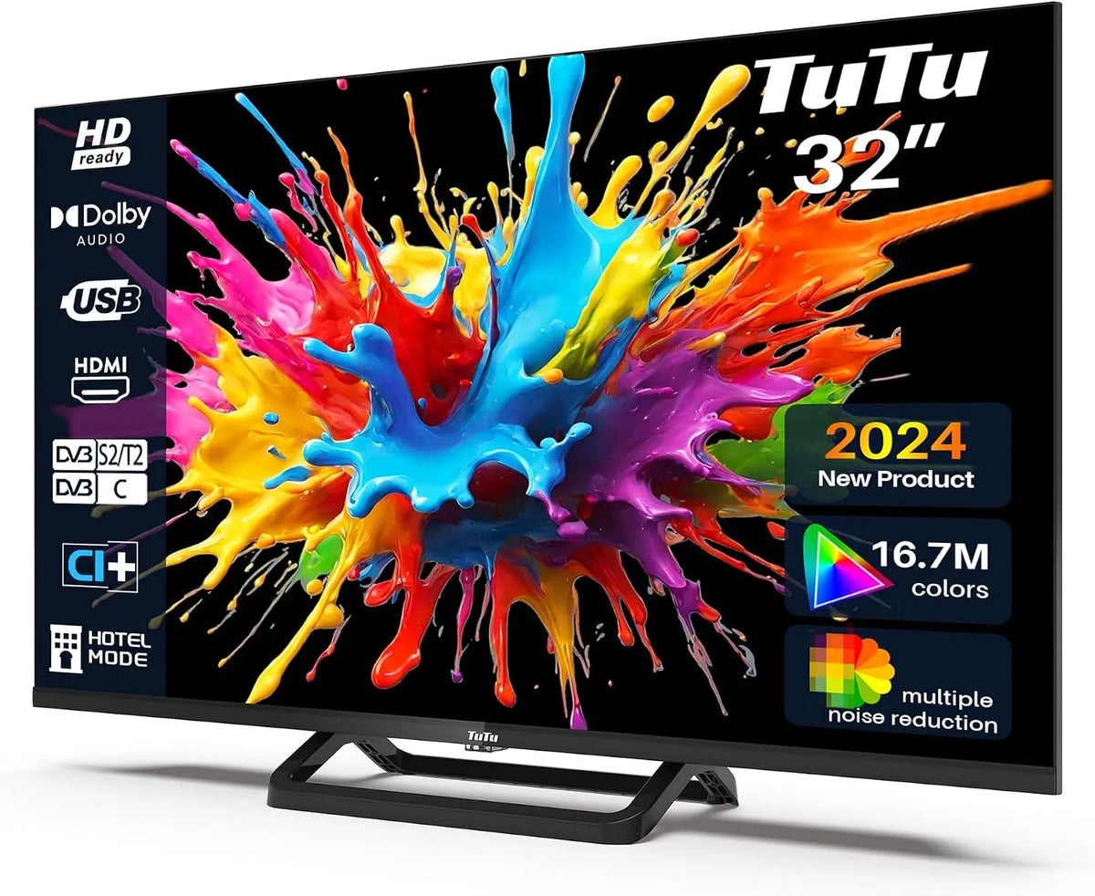 Téléviseur, TuTu Téléviseurs 32 Pouces, largeur 80 cm, Lecteur multimédia USB 2.0, Mode hôtel, T2, S2, HDMI x2, CI+, 2024, DVB-C, Dolby Audio