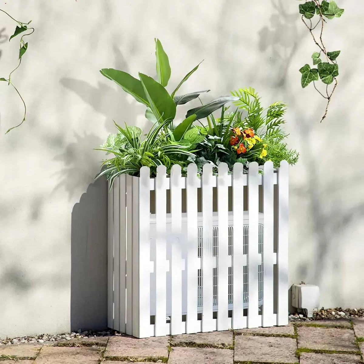 Climatiseur 99c Cache, Housse de Clim Pour Pompe À Chaleur Extérieur en Bois Massif, White,115*57, Enceinte Autoportante pour Poubelle