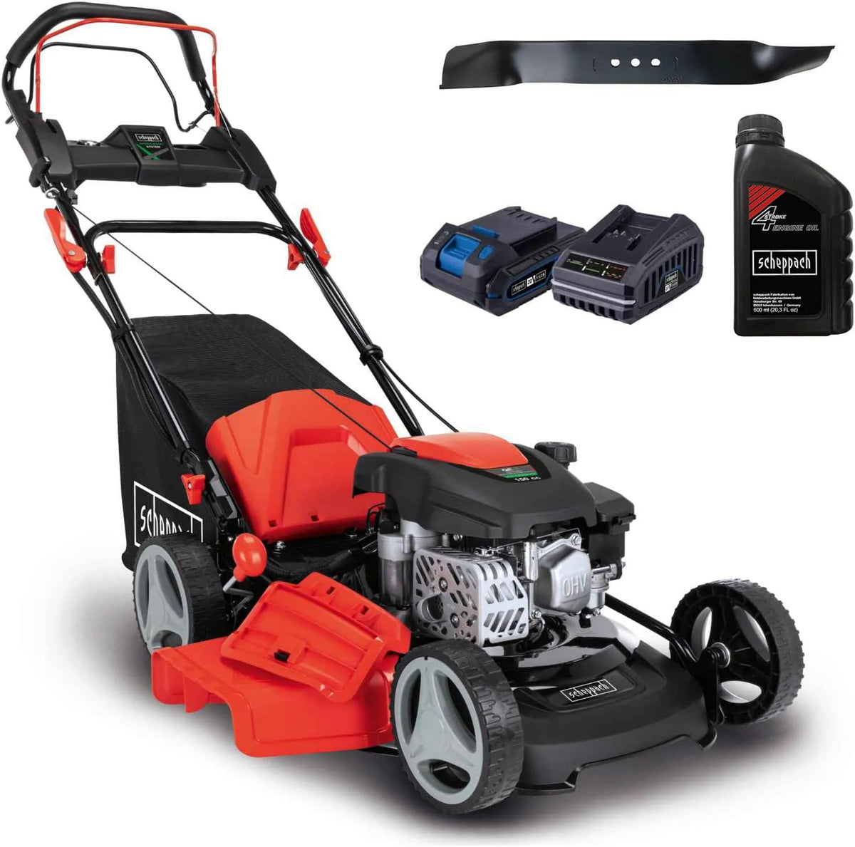 Scheppach tondeuse à gazon MS150-46E, Largeur de coupe 46cm, thermique, Autotractée, Lame supp. + huile incluse, Moteur 4T, Panier 55L