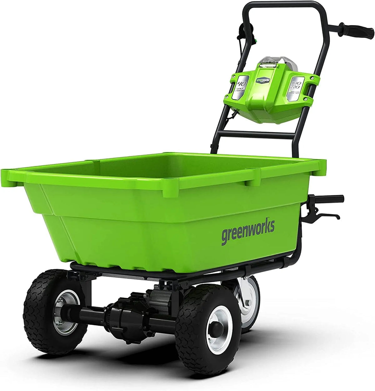 Greenworks modèle G40GC, capacité 106 L, Chariot de Jardín Électrique Sans Fil Autotracté, Brouette Électrique, Capacité de 100 KG